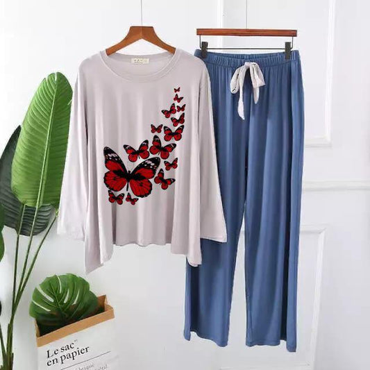 Vibrant Butterfly Cluster Print Loungewear Set - Long Sleeve PJs
