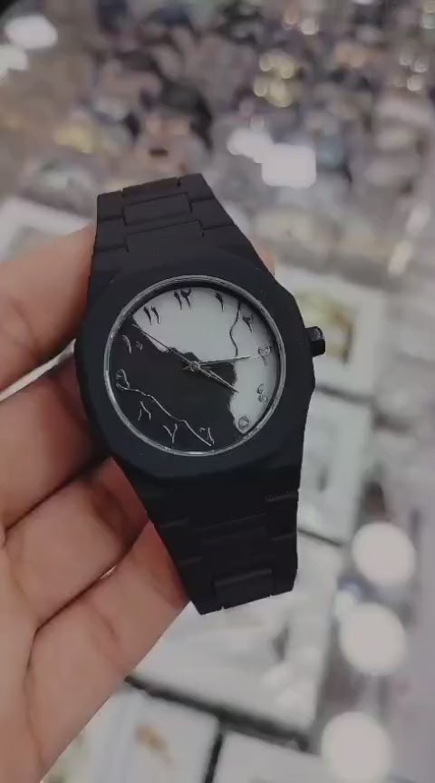 UNIVERSE POINT / AURA Black Men's Watch - Unique Engraved Dial & Steel Chain