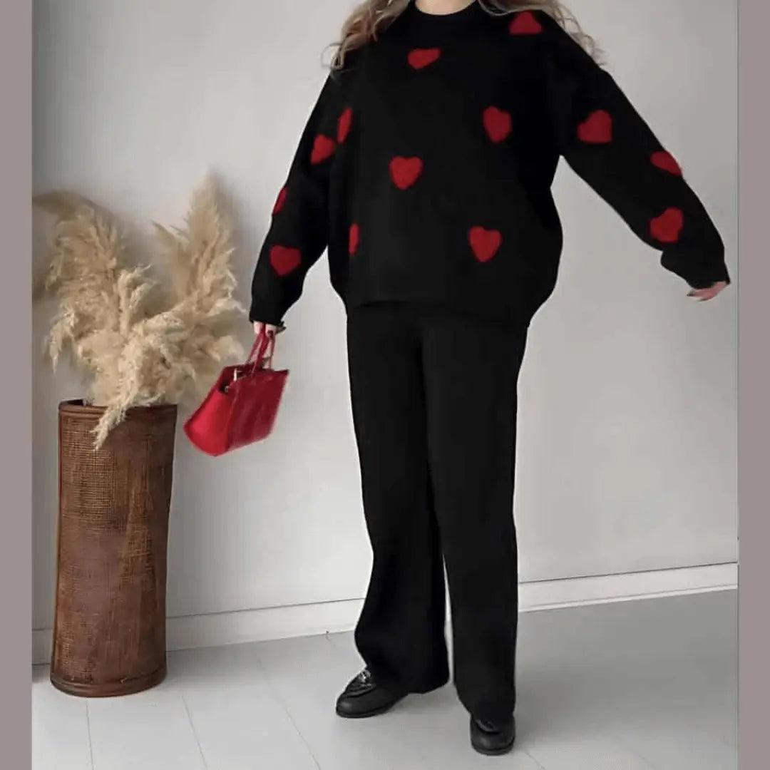 Relaxed Fit Dotted Hearts Sweater Set