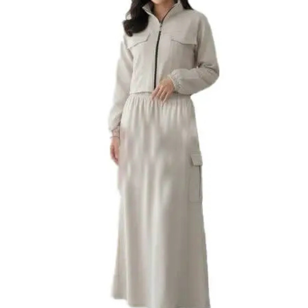 Chic Beige Two-Piece Cargo Skirt & Cropped Jacket Set