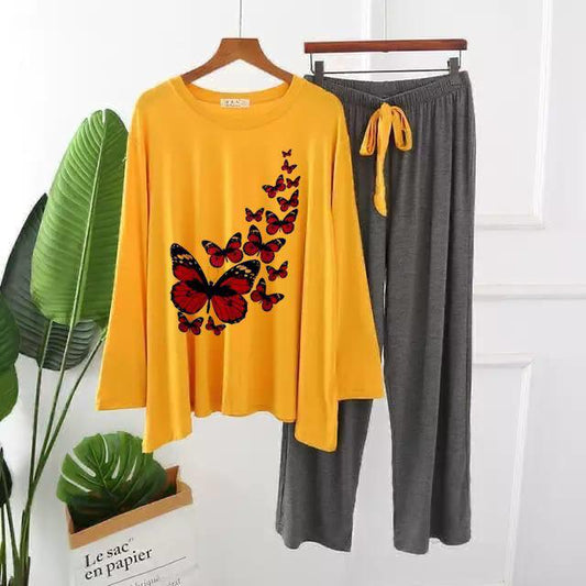 Vibrant Butterfly Cluster Print Loungewear Set - Long Sleeve PJs