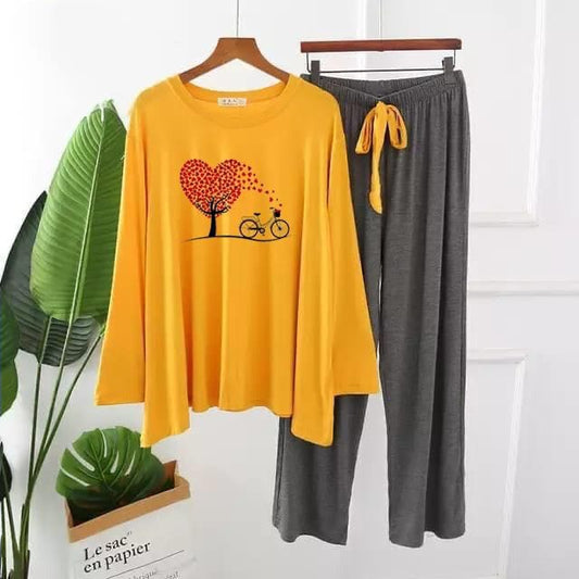 Romantic Heart-Tree & Bicycle Print Pajama Set - Soft Two-Piece Loungewear