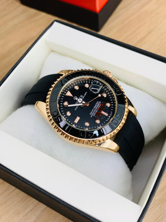 Luxury Gold-Tone Men's Watch - Yacht-Master Style with Black Rubber Strap & Date
