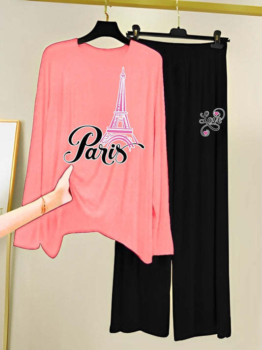 Women's Paris Print Long Sleeve Top and Trousers Co-ord Set