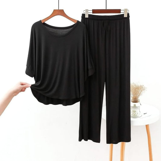 Relaxed V-Neck Loungewear Set - Soft & Wide-Leg Pajama Sleepwear