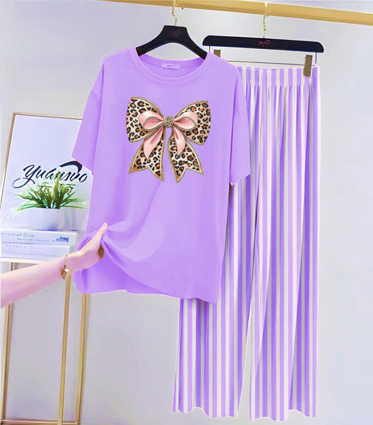 Women's Stylish Bow Print T-shirt and Striped Trousers Co-ord Set