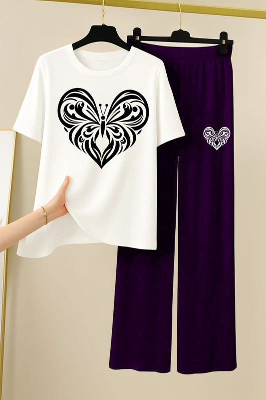 Women's Butterfly Heart Graphic T-shirt and Trousers Casual Set