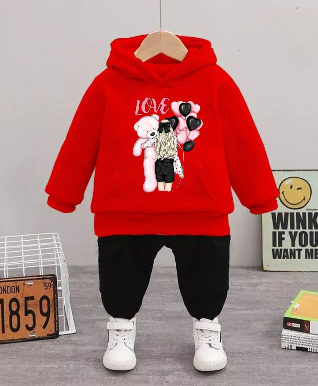 'Love' Teddy Bear & Girl Graphic Hoodie Set
