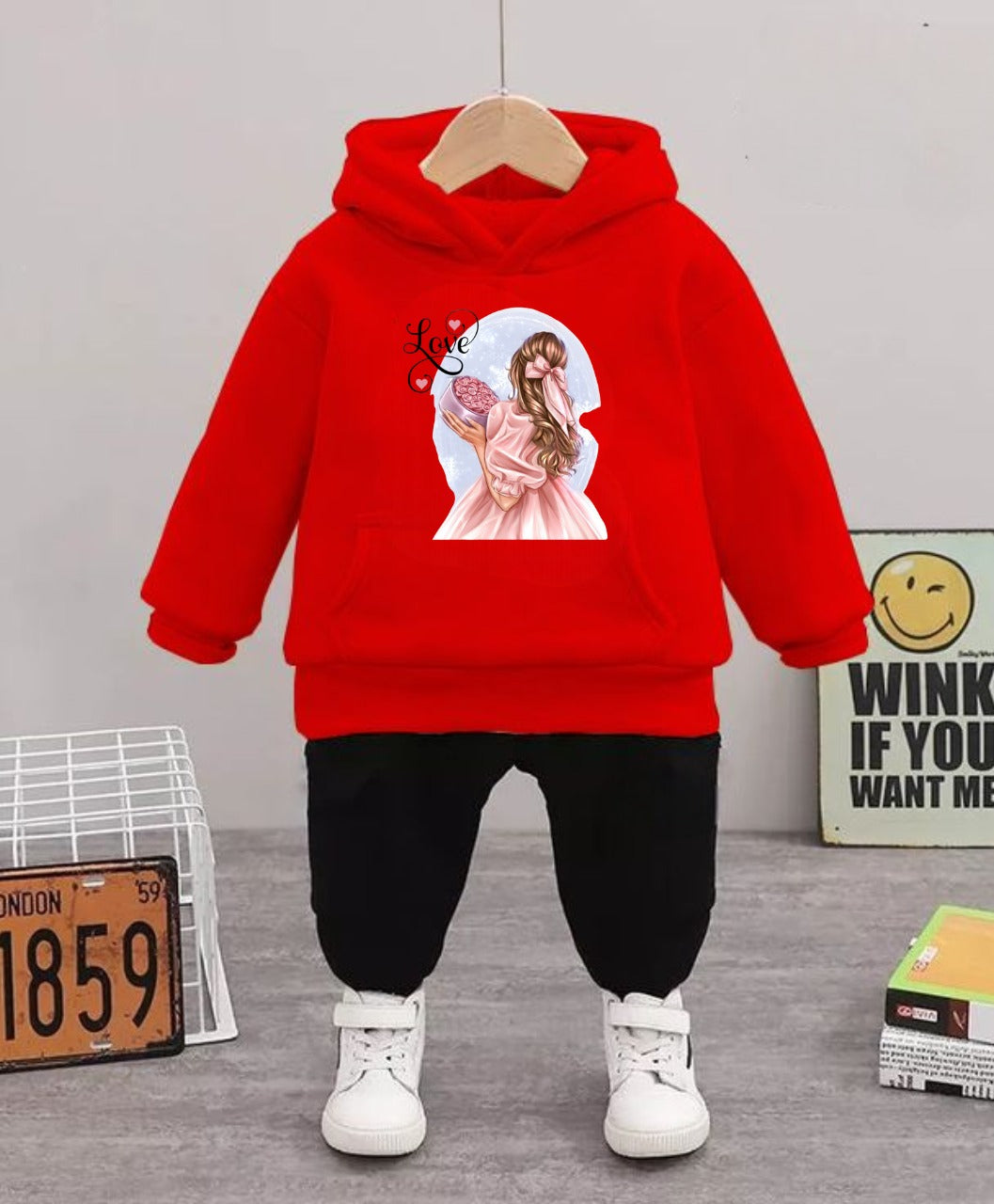 'Love' Girl Graphic Winter Hoodie & Black Trousers Set