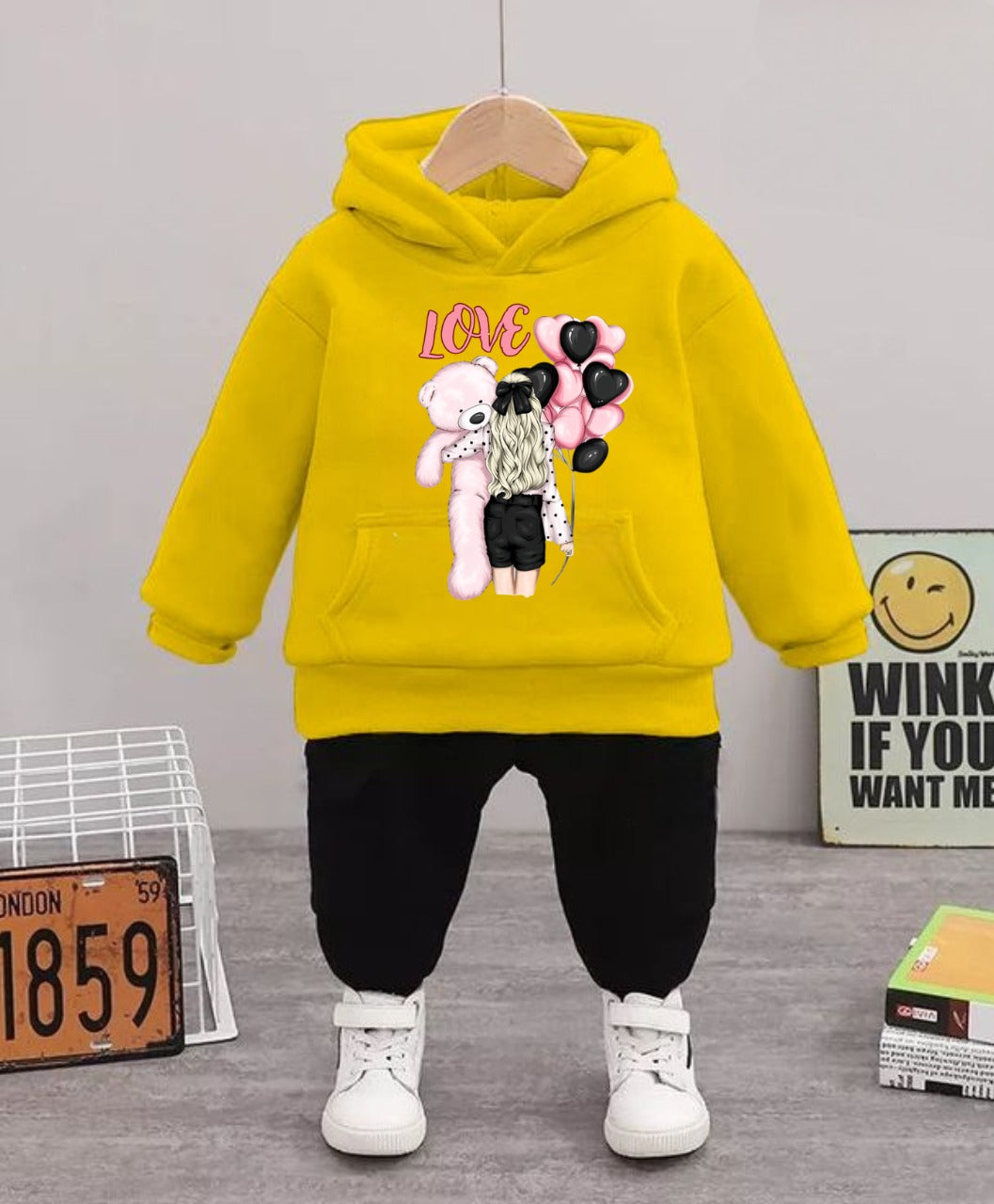 'Love' Teddy Bear & Girl Graphic Hoodie Set