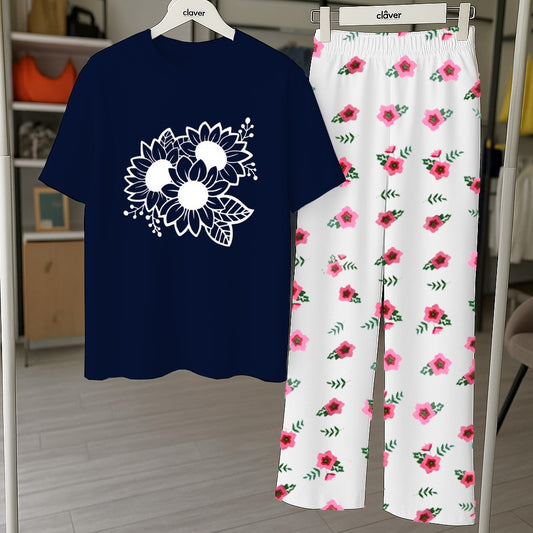 Women's Sunflower Graphic T-shirt and Printed Floral Pyjama Set