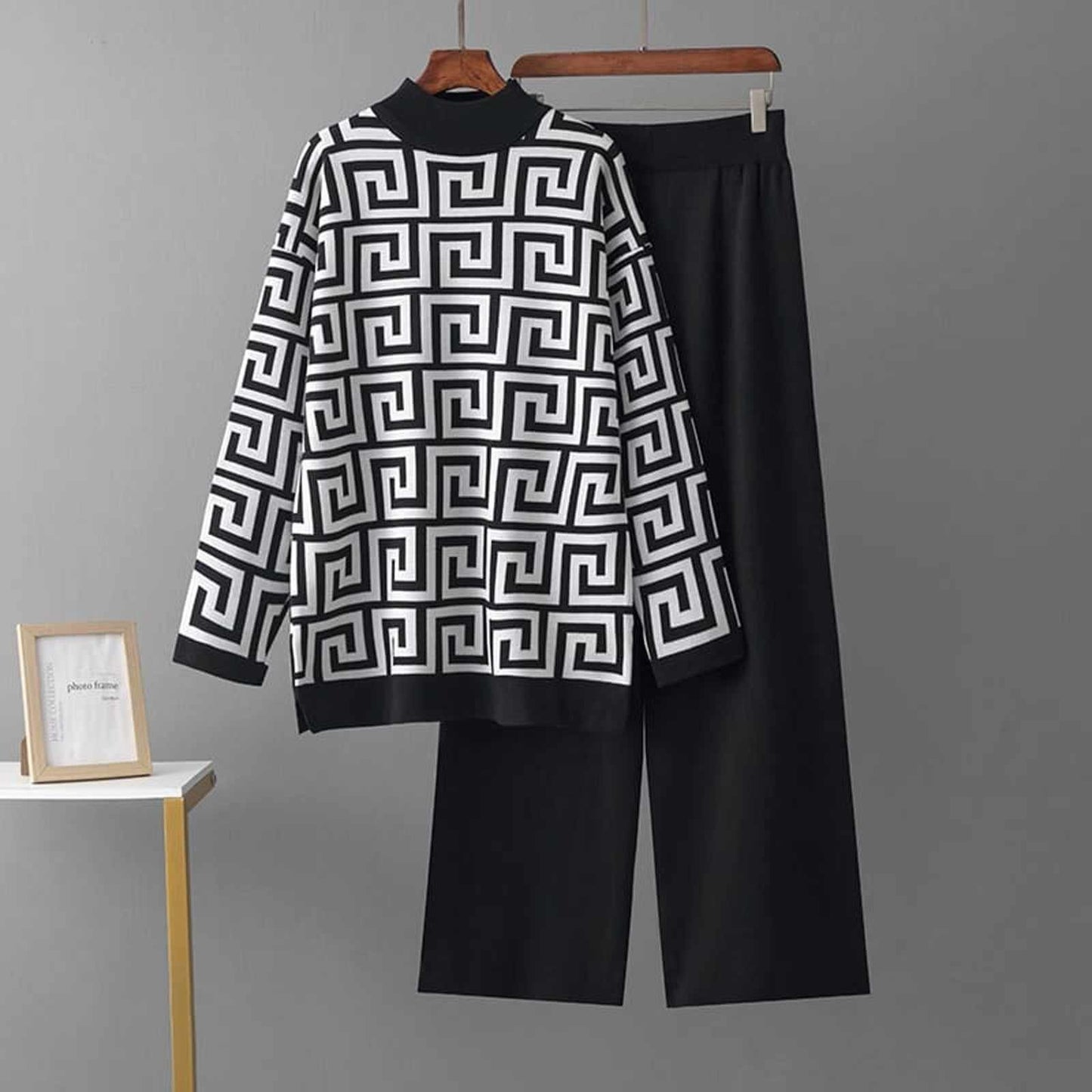 Geometric Pattern Knit Sweater and Wide-Leg Pant Set