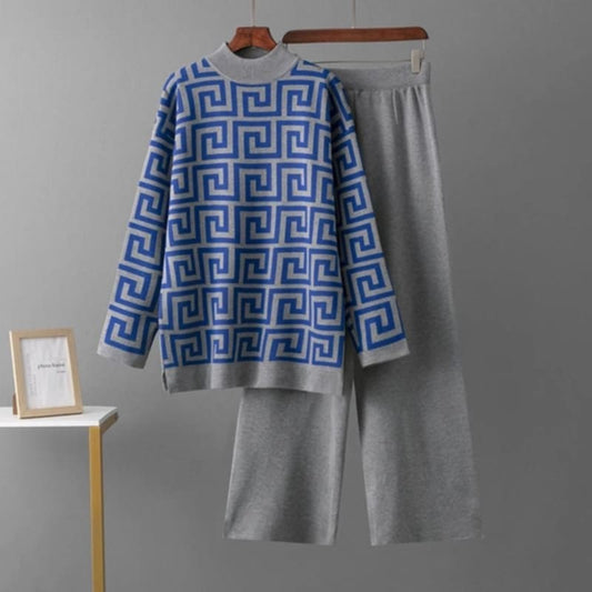 Geometric Pattern Knit Sweater and Wide-Leg Pant Set