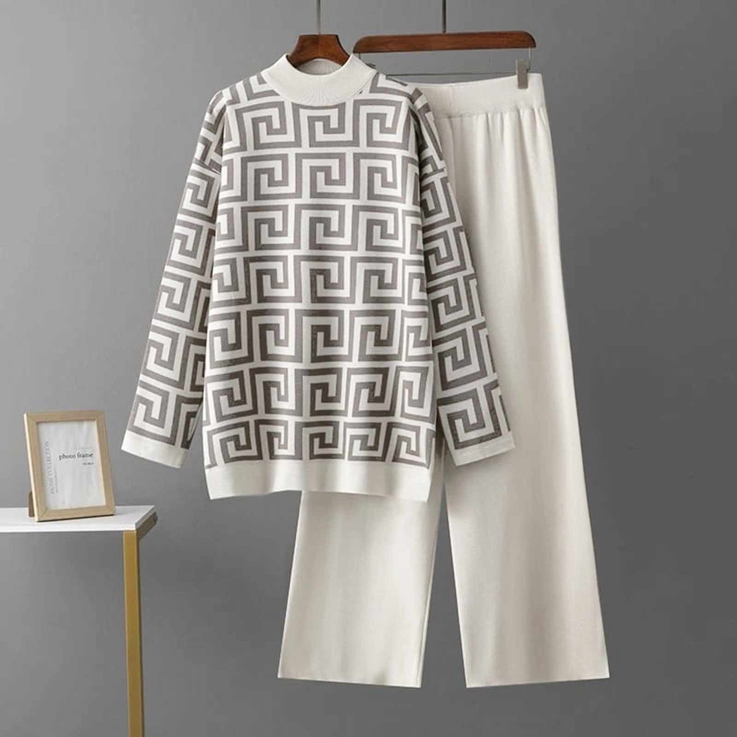 Geometric Pattern Knit Sweater and Wide-Leg Pant Set