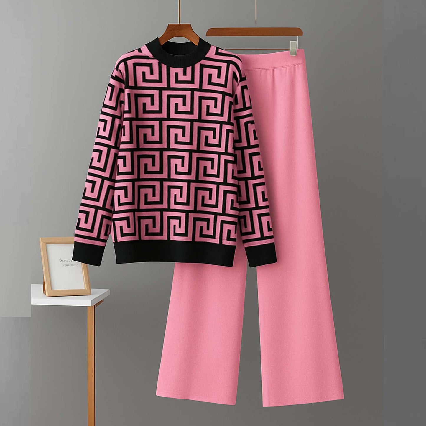 Geometric Pattern Knit Sweater and Wide-Leg Pant Set