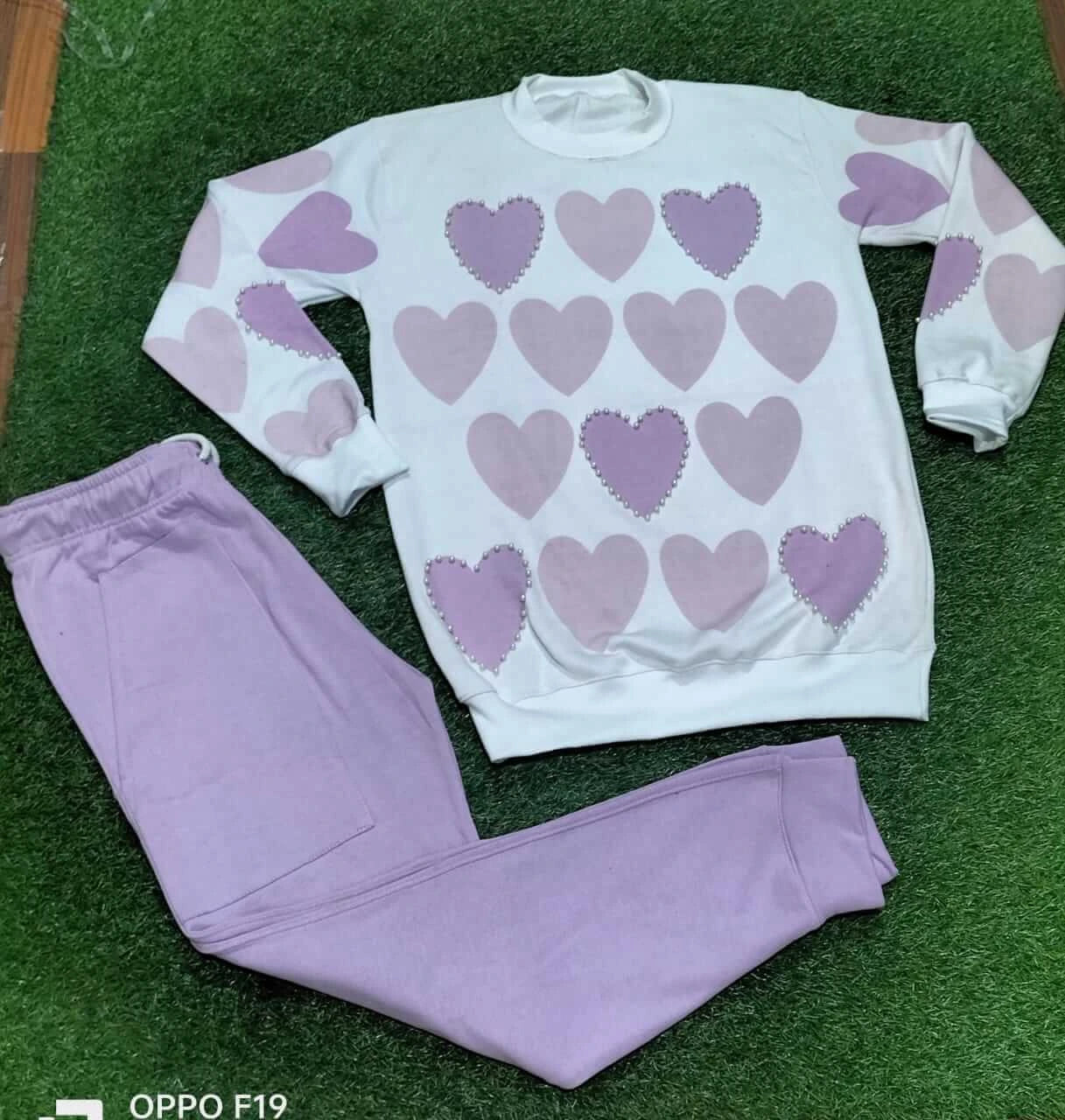 Women's Heart Print Knit With Pearl Work Loungewear Set