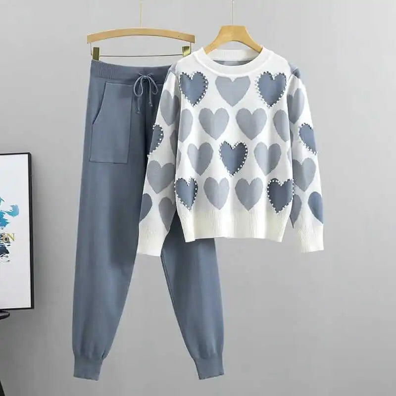 Women's Heart Print Knit With Pearl Work Loungewear Set