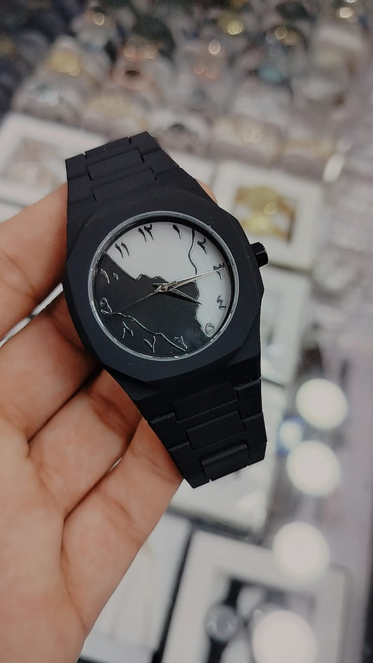 UNIVERSE POINT / AURA Black Men's Watch - Unique Engraved Dial & Steel Chain