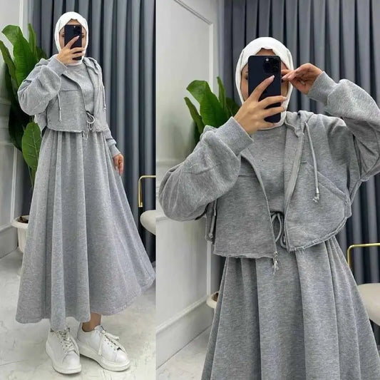 Modern Grey Two-Piece Skirt & Cropped Hoodie Set