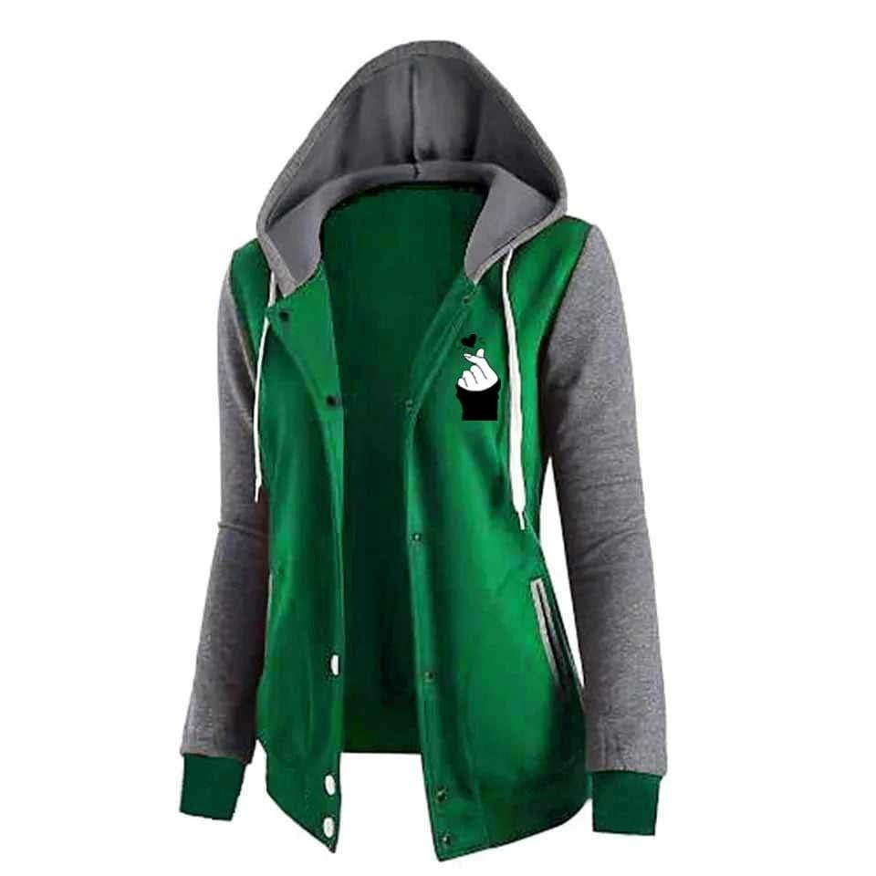 Women's Color Block Hooded Varsity Jacket with Finger Heart Graphic