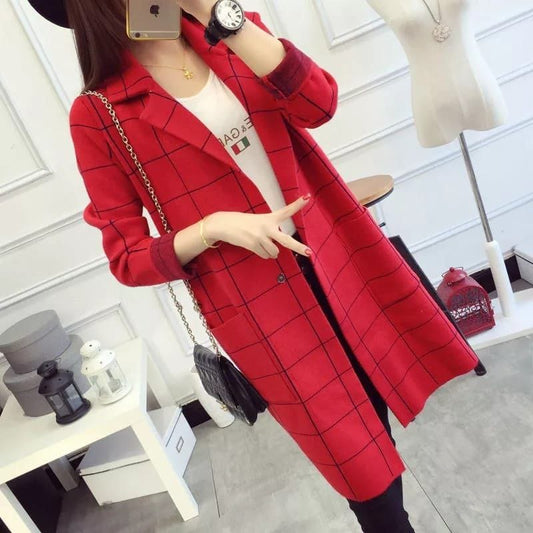 Women's Stylish Plaid Knit Open-Front Cardigan Jacket