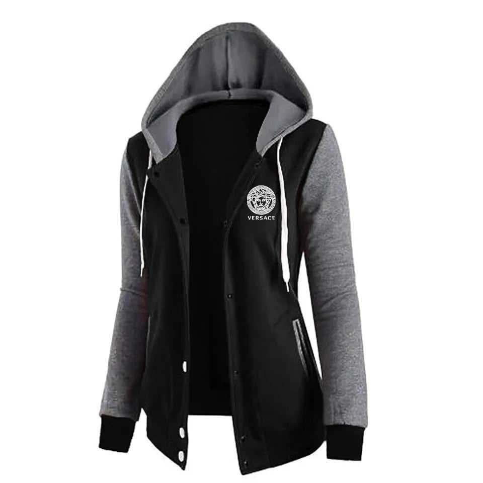 Women's Color Block Hooded Varsity Jacket with Finger Heart Graphic