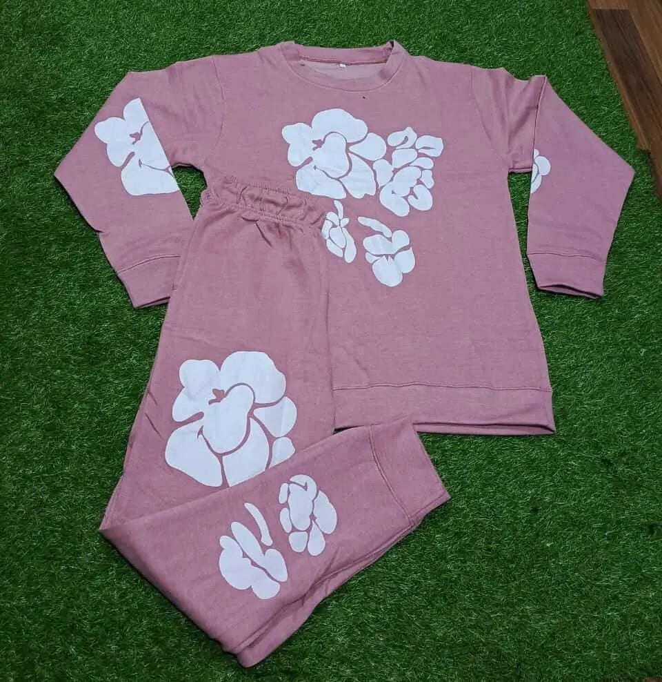 Chic Abstract Floral Print Knitted With Pearl Work  Co-Ord Set